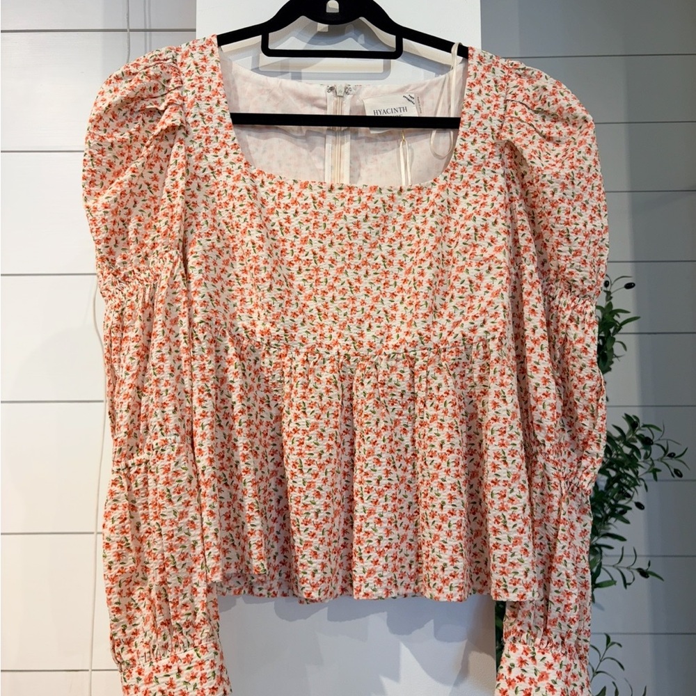 Hyacinth House Floral Square-Neck Peplum Top in Cream and Pink